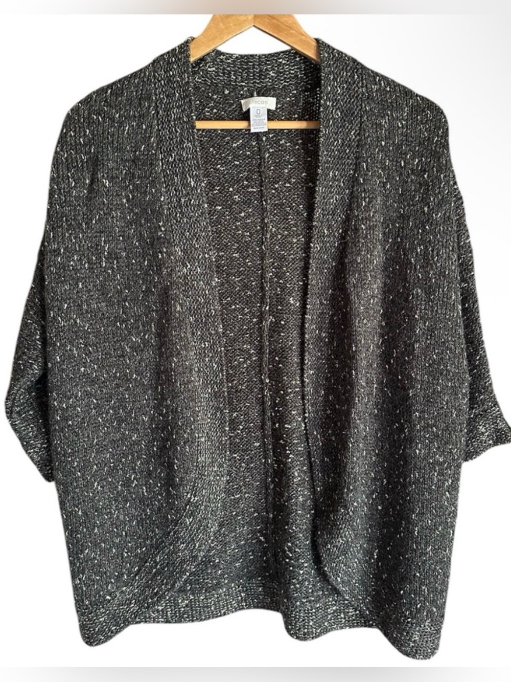 Chico’s Charcoal and Gold Marled Open-Front Cardigan